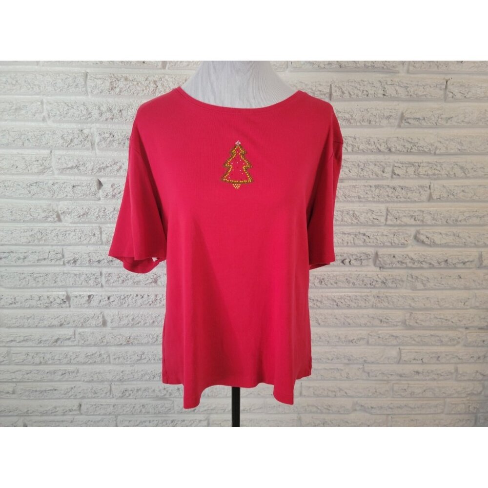 Bay Studio Womens Top 2X Plus Red Cotton Knit Rhinestone Crew Neck Short RED19E